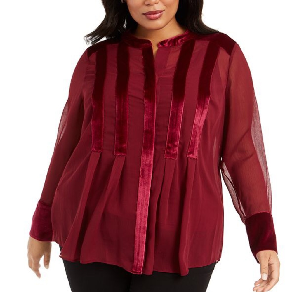 ALFANI Velvet-Trim Long Sleeve Plus  1X Dark Red